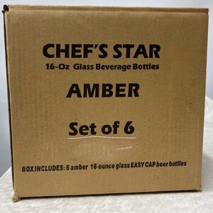 Chef’s Star 16 oz. set of 6 Amber glass beverage easy cap empty beer bottles